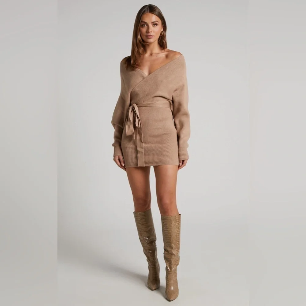 Tan Asymmetrical Wrap Sweater Dress - Picture 5 of 6